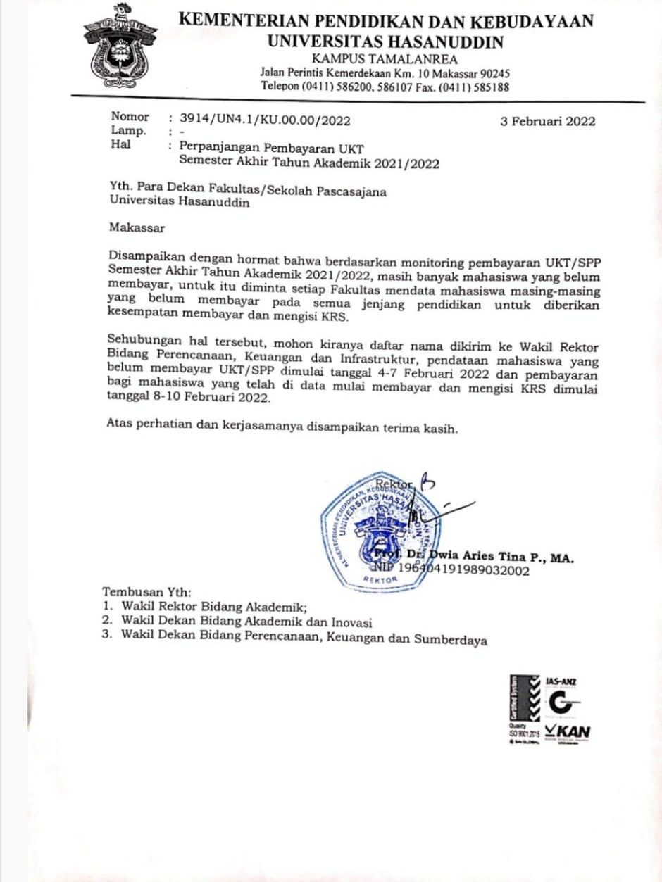 image-edited Surat Edaran Perpanjangan Waktu Pembayaran UKT untuk Mahasiswa Unhas